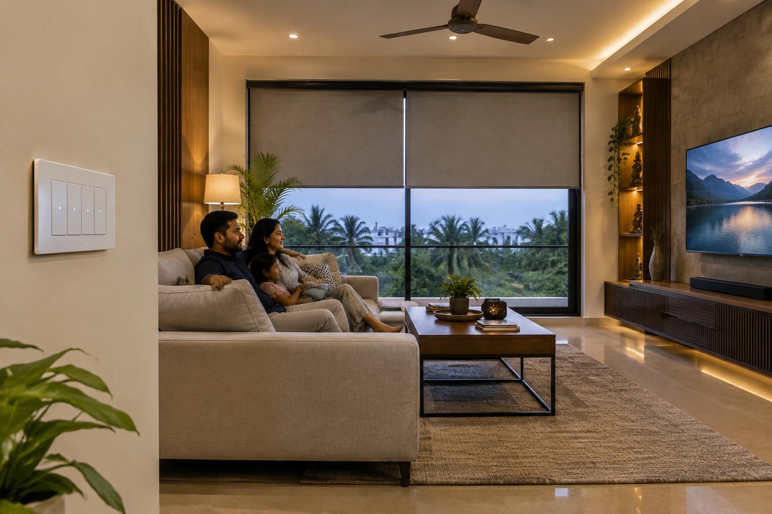 Family living room with lowered blinds and a smart switch