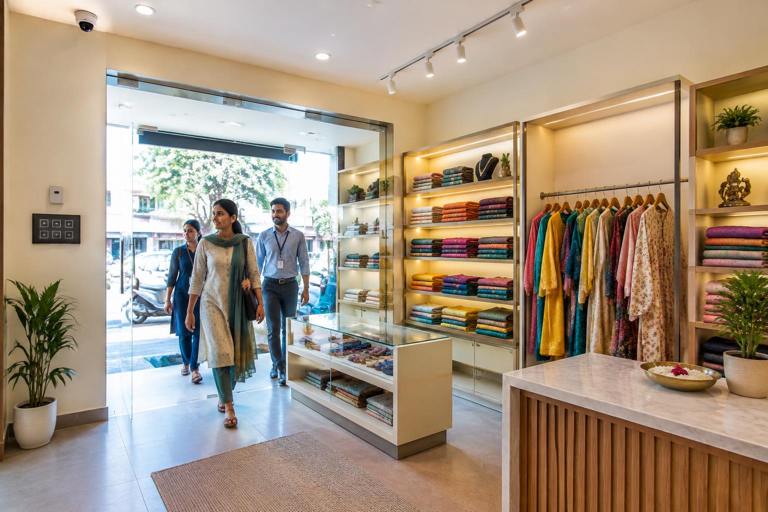 Retail shop opening with lit shelves and a smart control panel