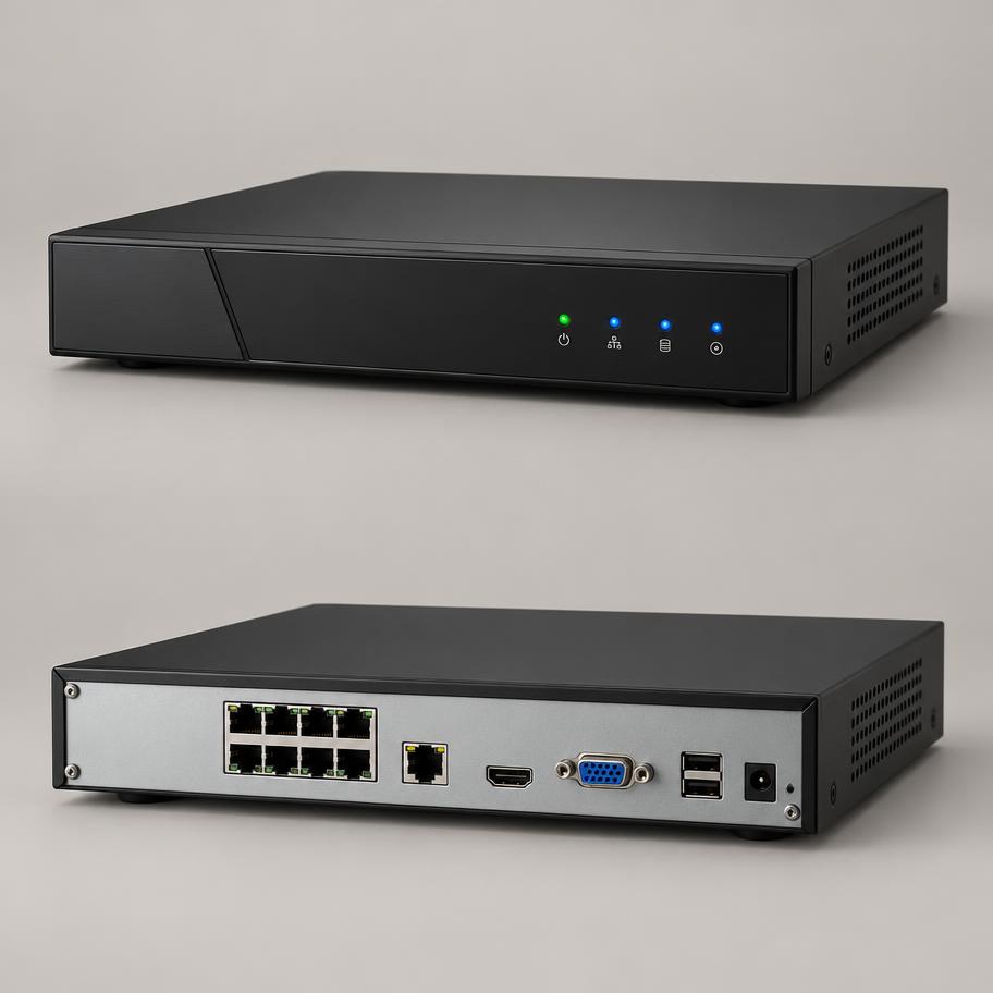 Network video recorder, front and rear views