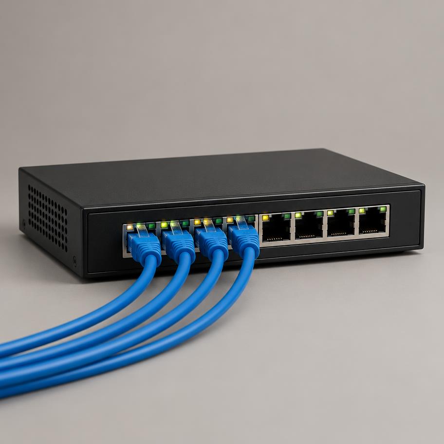 PoE network switch with cables connected
