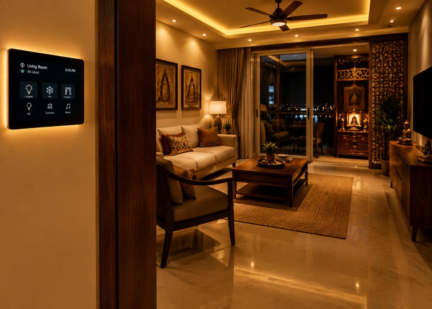 Warmly lit living room with a smart wall panel